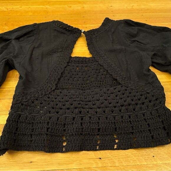 Free People Megan Crochet Knit Peplum Puff Sleeve Crop Tassel long sleeve top - Picture 2 of 6